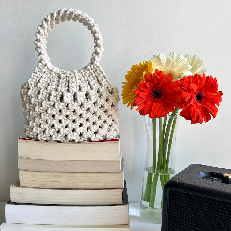 off white hand bag with handle macrame cotton evening bag for women/gift for her